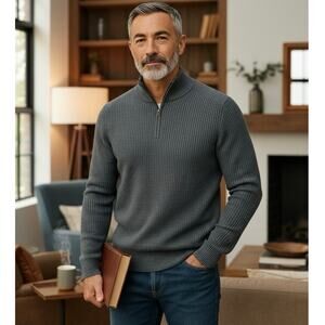 Pact Men’s Organic Cotton Pullover Gray Mock Neck 1/4 Zip Sweater Chunky NWT M L